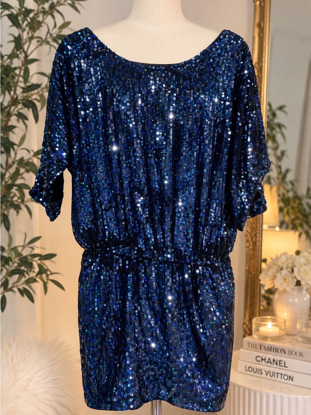 Haute Hippie 100% Silk Navy Blue Sequin Mini Dress Size S